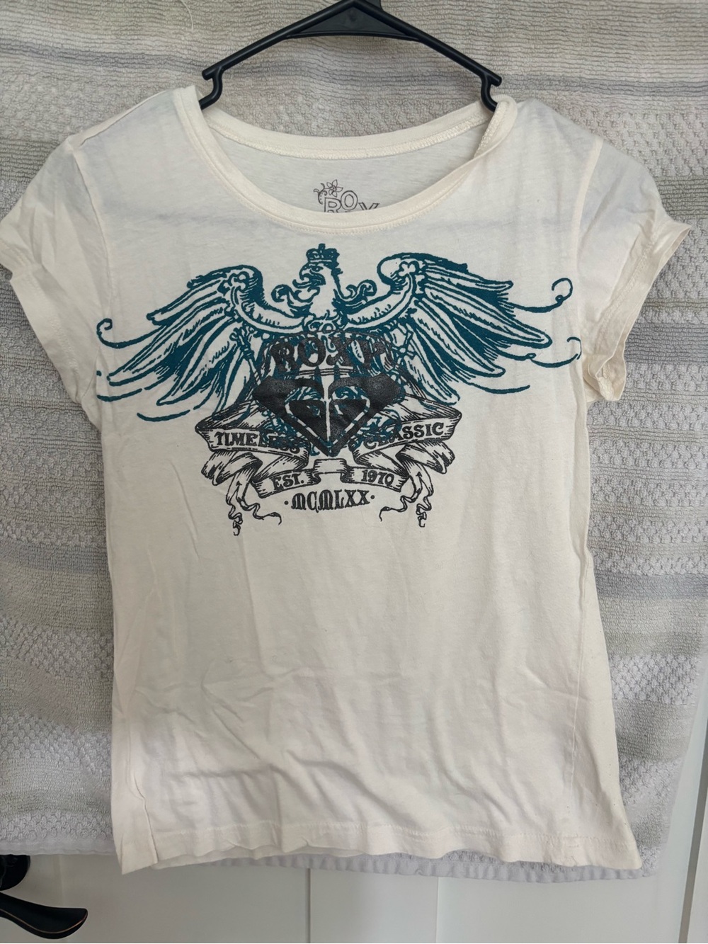 Roxy White Tee with Teal Wing Crest Graphic - Women's Short Sleeve
